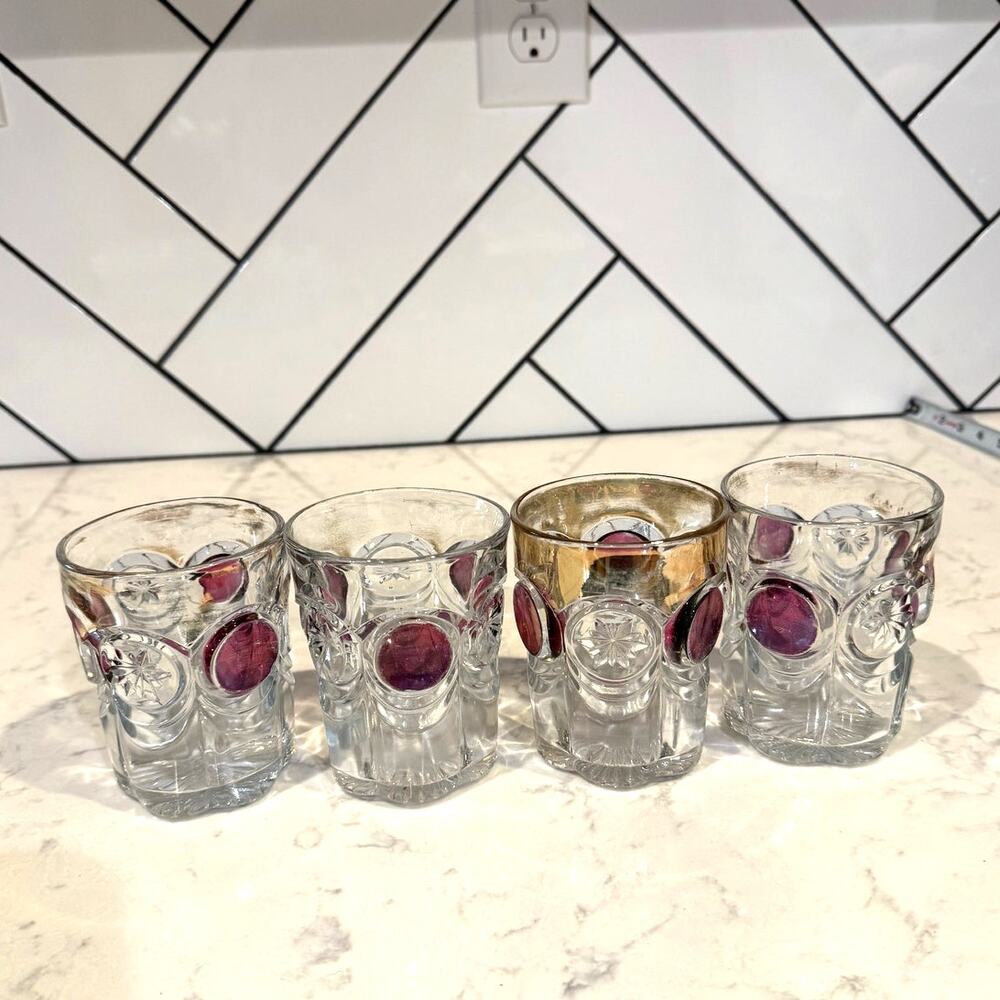 vintage tumblers Early American Pressed Glass Knobby Bullseye red gold trim x4